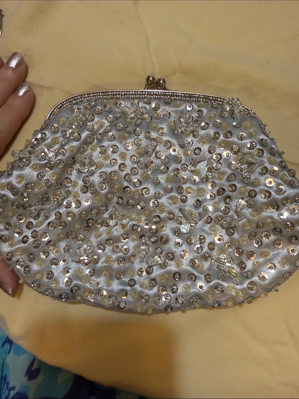 Vintage Silver Sequin Beaded Clasp Evening Clutch